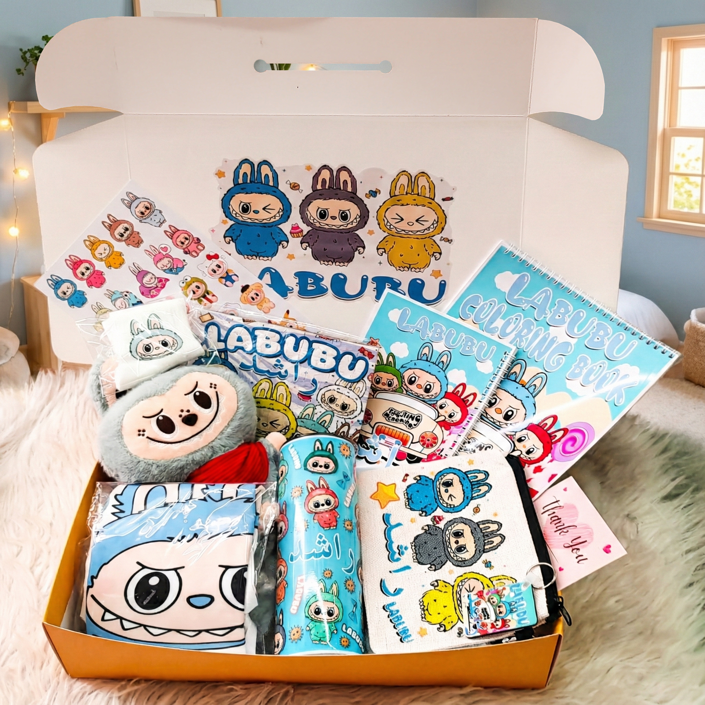 Labubu Blue Monster Box – Custom Name | Includes Plush, Coloring Book, Puzzle & Drinkware Set & More