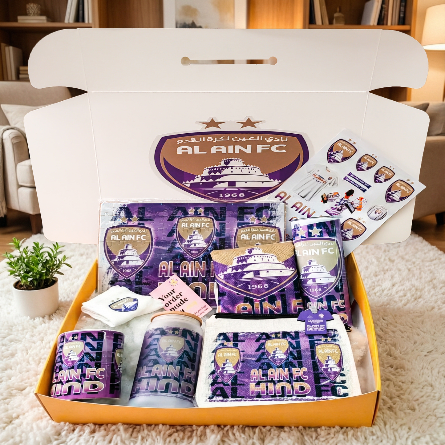 Al Ain FC Fan Box 2 – Custom Name | Includes Tote Bag, Pouch, Puzzle & Drinkware Set & More