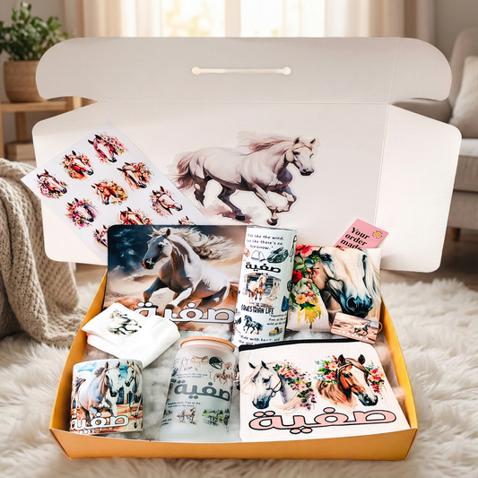 Majestic White Horse Equestrian Box – Custom Name | Includes Stickers, Drinkware Set, Pouch & More