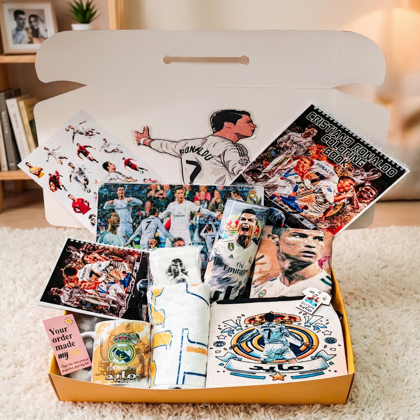 Real Madrid CR7 Fan Box – Custom Name | Includes Coloring Book, Tumbler, Mug, Pouch & More