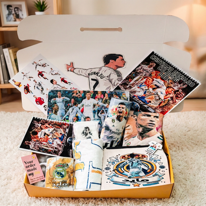 Real Madrid CR7 Fan Box – Custom Name | Includes Coloring Book, Tumbler, Mug, Pouch & More