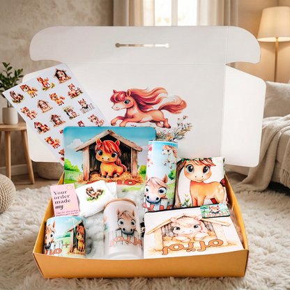 Kawaii Pony Farm Box – Custom Name | Includes Stickers, Drinkware Set, Pouch & More