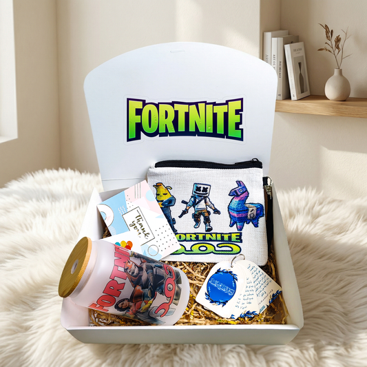Fortnite Battle Royale Mini Box – Personalized | Includes Frosted Glass Tumbler, Zipper Pouch, Card Set & Gift Cards