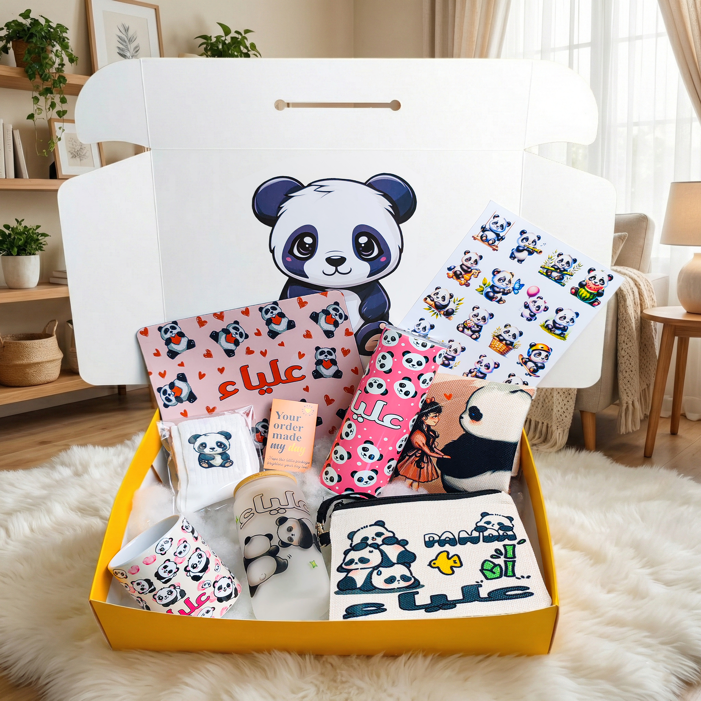 Kawaii Panda Pink Hearts Box – Custom Name | Includes Mouse Pad, Drinkware Set, Pouch & More