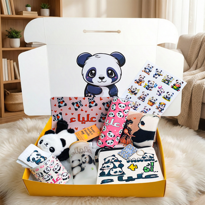 Kawaii Panda Plush & Love Box – Custom Name | Includes Plush Toy, Mouse Pad, Drinkware Set & More