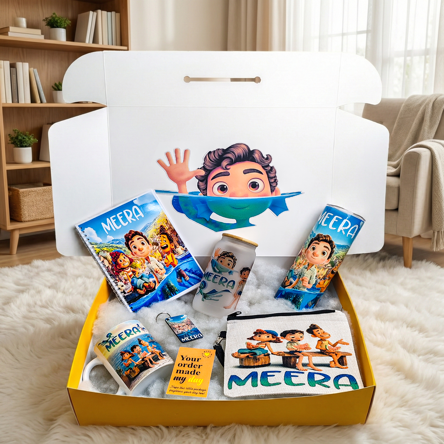 Luca Summer Friendship Box – Custom Name | Includes Notebook, Drinkware Set, Pouch & More