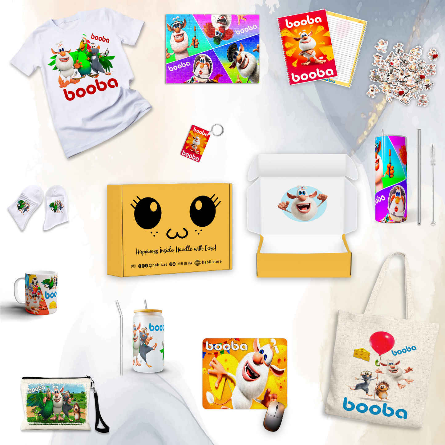 Booba Fun Adventure Box – Custom Name | Includes T-Shirt, Puzzle, Notebook & Drinkware Set & More