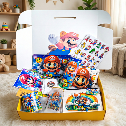 Super Mario Power-Up Box – Custom Name | Includes Notebook, Mouse Pad, Pouch & Drinkware Set & More