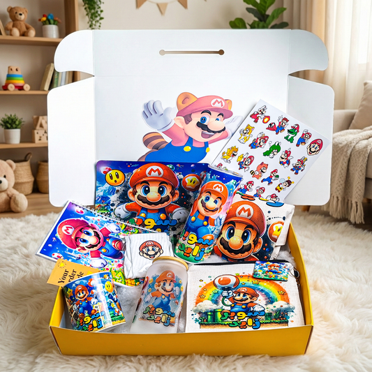 Super Mario Power-Up Box – Custom Name | Includes Notebook, Mouse Pad, Pouch & Drinkware Set & More