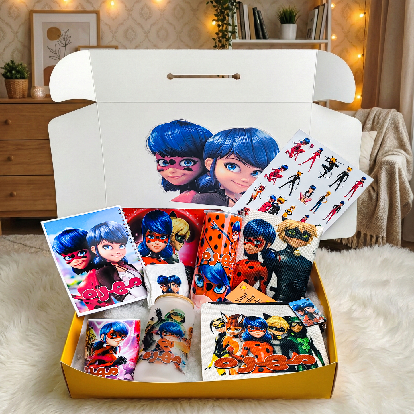 Miraculous Ladybug Hero Box – Custom Name | Includes Notebook, Mouse Pad, Drinkware Set & More