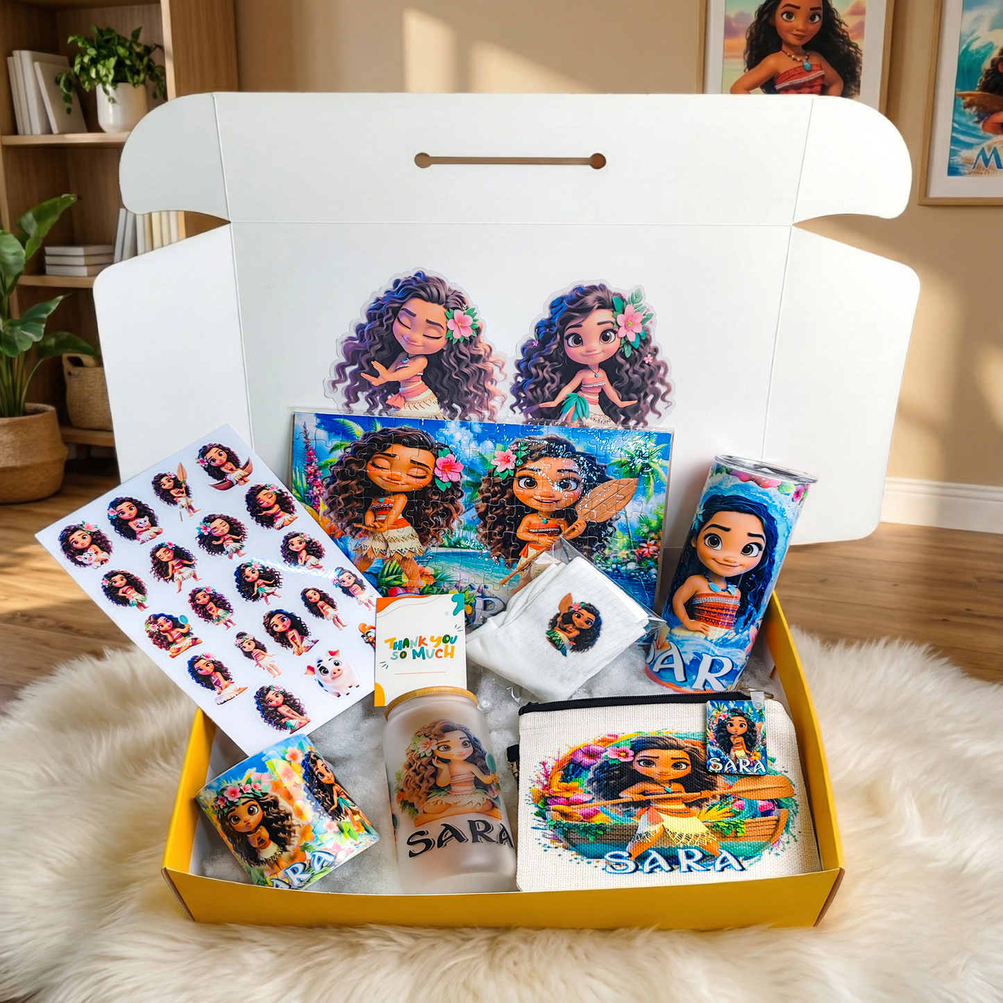 Moana Chibi Adventure Box – Custom Name | Includes Puzzle, Pouch, Socks & Drinkware Set & More