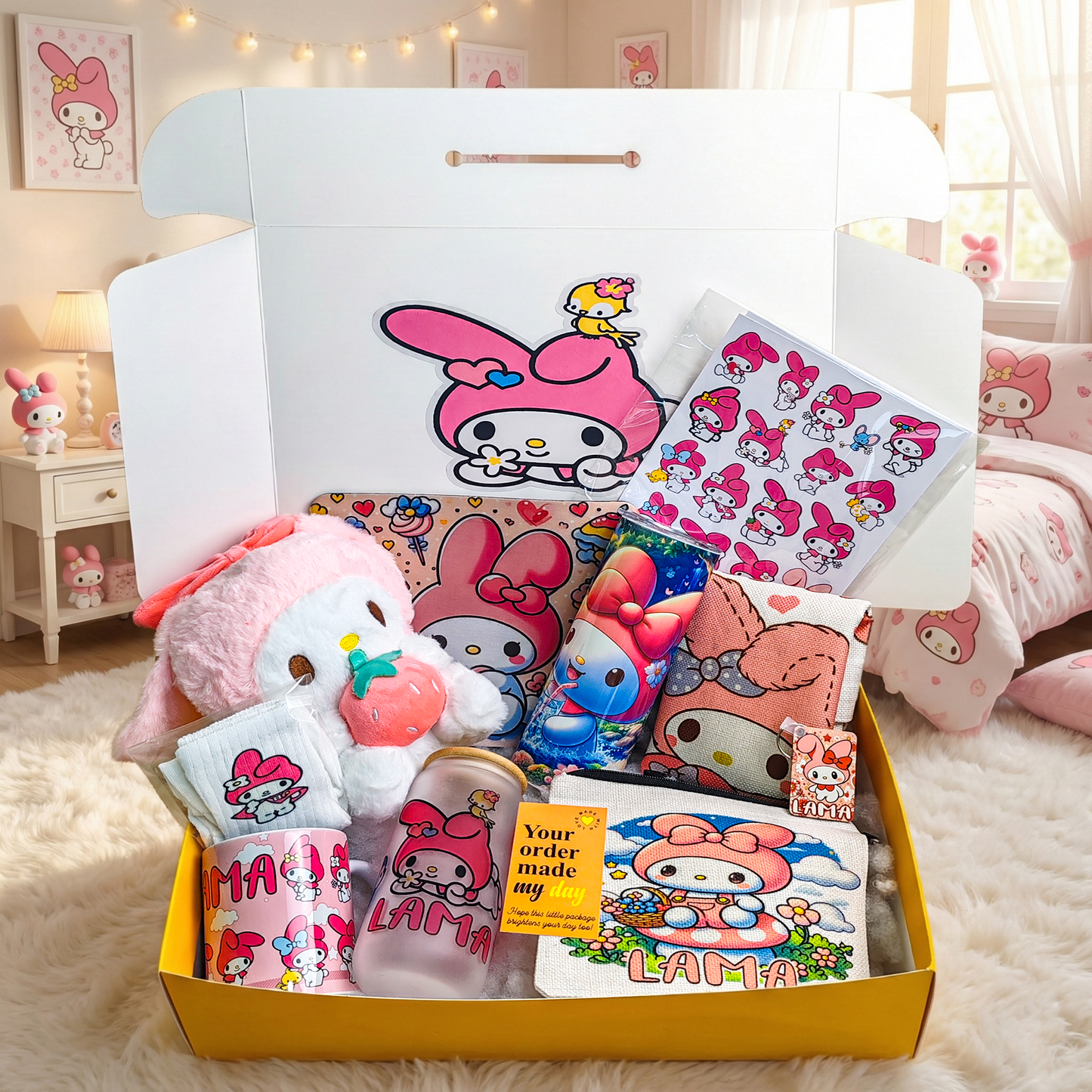 My Melody Sweetheart Box – Custom Name | Includes Plush, Tote Bag, Pouch & Drinkware Set & More