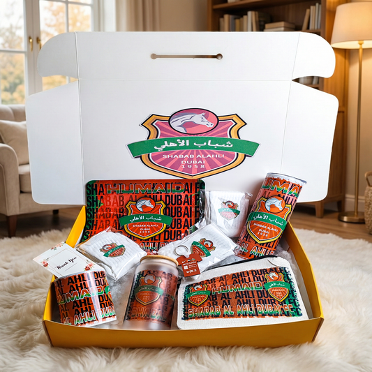 Shabab Al Ahli FC Fan Box – Custom Name | Includes Tumbler, Mug, Mouse Pad, Pouch & More