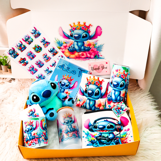 Stitch Floral Crown Box – Custom Name | Includes Plush, Tote Bag, Pouch & Drinkware Set & More