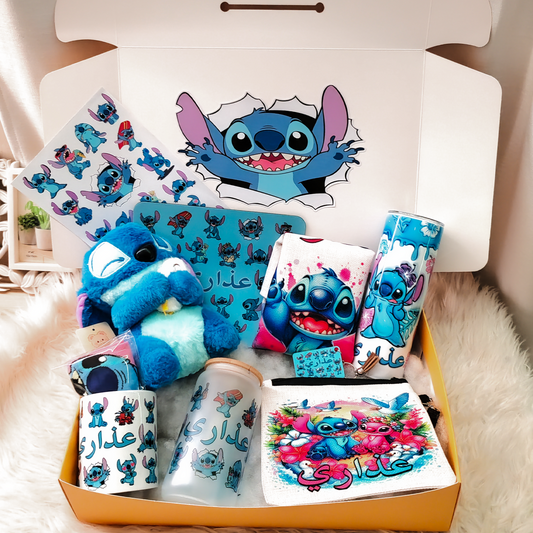 Stitch Mania Surprise Box – Custom Name | Includes Plush, Tote Bag, Pouch & Drinkware Set & More
