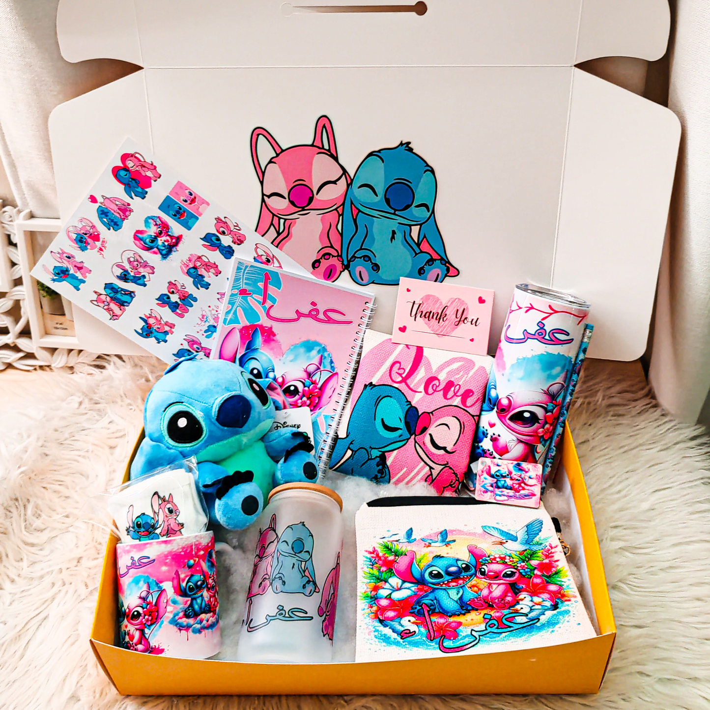 Stitch & Angel Love Box – Custom Name | Includes Plush, Tote Bag, Pouch & Drinkware Set & More