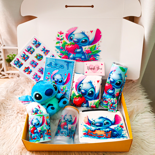 Stitch Strawberry Splash Box – Custom Name | Includes Plush, Tote Bag, Pouch & Drinkware Set & More