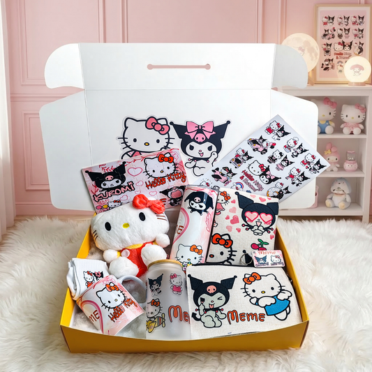 Hello Kitty & Kuromi BFF Box – Custom Name | Includes Hello Kitty Plush, Tote Bag, Pouch & Drinkware Set & More