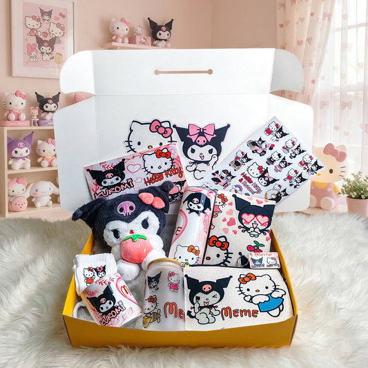 Hello Kitty & Kuromi Besties Box – Custom Name | Includes Plush, Tote Bag, Pouch & Drinkware Set & More